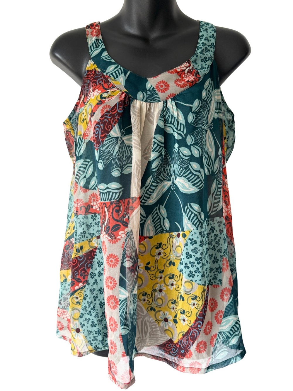 American Rag Boho Patchwork Floral Tank Top Womens Small Sheer Red Blue Colorful